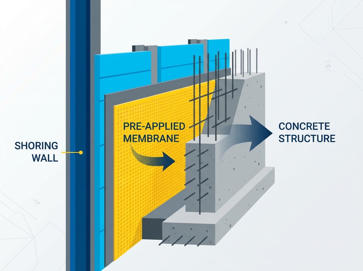 Pre-Applied Blindside Waterproofing installation