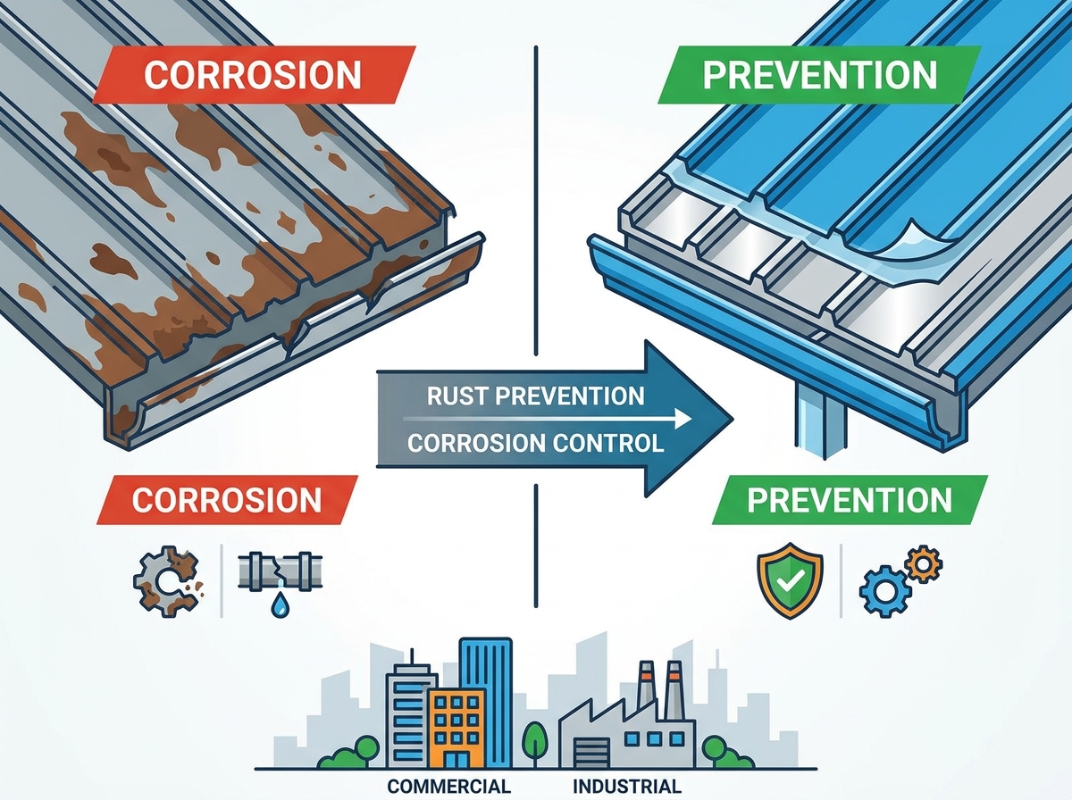 Metal roof rust prevention and corrosion control for commercial and industrial buildings