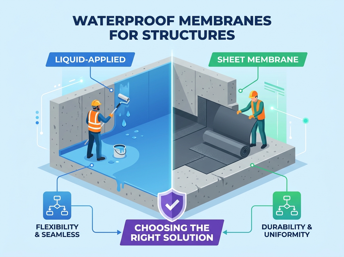 Installation of waterproof membranes for structures on a concrete foundation