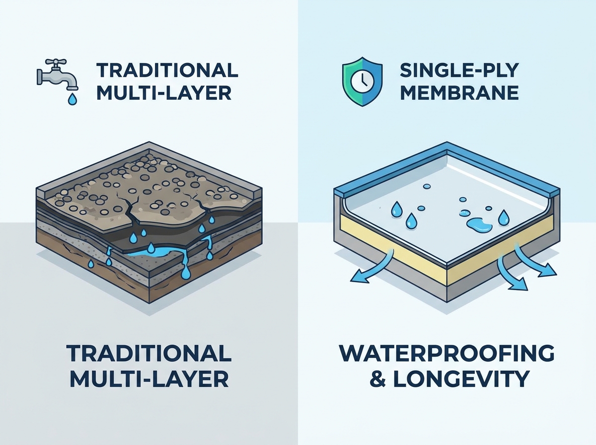 Single-ply roofing membrane structure for flat roof waterproofing