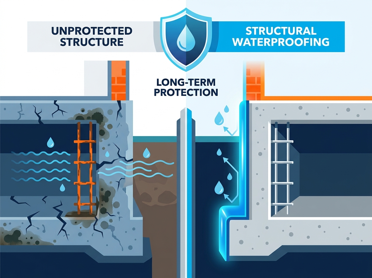 Structural waterproofing installation on a below-ground concrete foundation